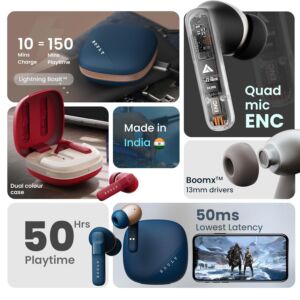 Boult Audio Newly Launched W50 Bluetooth Truly Wireless In Ear Earbuds with 50H Playtime, Quad Mic ENC, 45ms Low Latency Gaming, Dual Tone Fast Charging Case, 13mm Bass Drivers, IPX5 TWS (Blue Lustre) Amazon.in Electronics