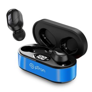 pTron Bassbuds Plus In-Ear TWS Earbuds with HD Mics, Bluetooth 5.0 Headphones with Immersive Sound, Stereo Calls, 28Hrs Playtime, Voice Assist Ready, IPX4 Water Resistant & Fast Charge (Electric Blue)