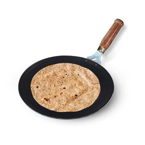 The Indus Valley Pre-Seasoned Iron Tawa for Dosa/Chapathi with Wooden Handle | 27cm/10.6 inch, 0.95kg | Induction Friendly | 100% Pure & Toxin-Free, No Chemical Coating