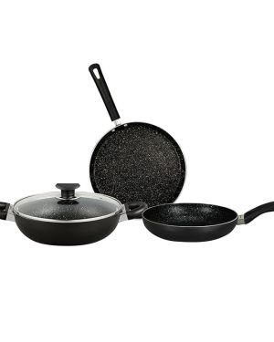 Bergner Essential Plus Non-Stick Cookware Set 4Pc nduction & Gas Ready, Stylish Granite Coating with Enahnced Bakelite Handles