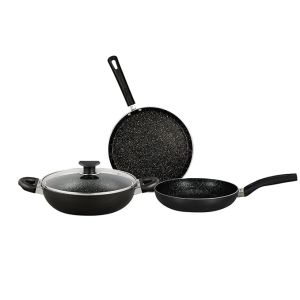 Bergner Essential Plus Non-Stick Cookware Set 4Pc nduction & Gas Ready, Stylish Granite Coating with Enahnced Bakelite Handles