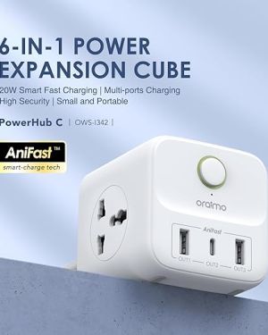 Oraimo Cube Extension Boards with 3 Universal Socket, 2 USB and 1 Type C Fast Charging Port, 20W 1.5 M Power Cord Multi Protection
