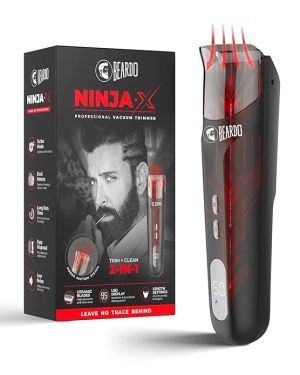 BEARDO Ninja-X Vacuum Trimmer for Men | Beard Trim & Clean 2-in-1 Trimmer with Vacuum Suction Mode | Ceramic Blades, LED display, 3 Limit Combs | No Mess Trimming