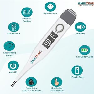 AmbiTech PHX-01 Digital Thermometer with One Touch Operation For Child and Adult Oral or Underarm Use