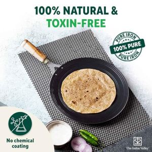 The Indus Valley Pre-Seasoned Iron Tawa for Dosa/Chapathi with Wooden Handle | 27cm/10.6 inch, 0.95kg | Induction Friendly | 100% Pure & Toxin-Free, No Chemical Coating