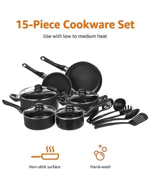 amazon basics Aluminium Non-Stick Black Cookware Set – 15 Piece