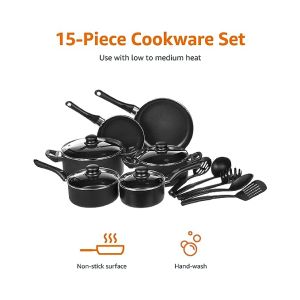 amazon basics Aluminium Non-Stick Black Cookware Set – 15 Piece